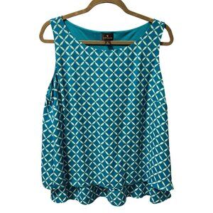 Worthington Womens Blouse Sz  XL Teal & White Sleeveless Geometric Print Blouse